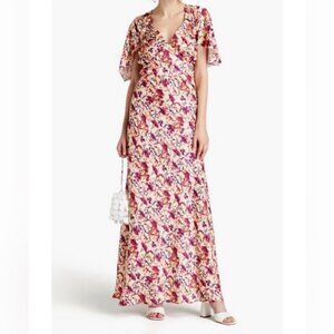 NEW Paco Rabanne Sunny Pansy Printed Satin Cape Sleeve Floral Dress Size 2 NWT